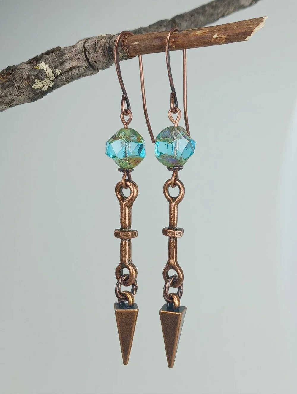 Aqua Czech Glass Spike Earrings Antiqued Copper Hand Crafted